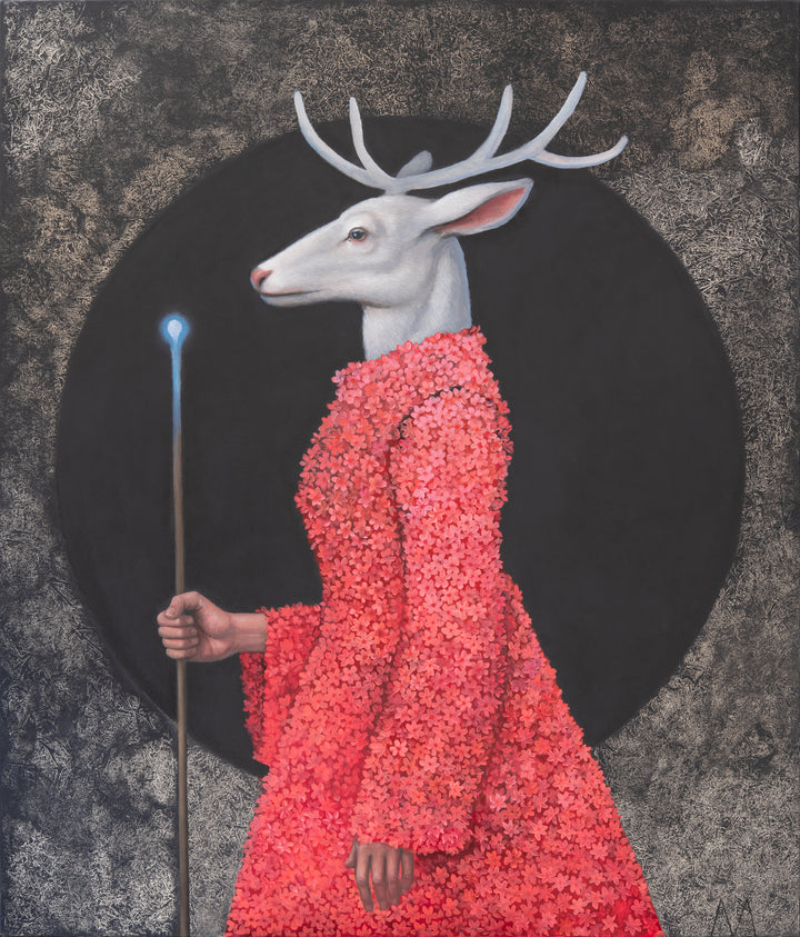 A painting of a reindeer wearing a red dress and a human-like head, standing in the center with a dark, textured background and a circular motif in the top right corner.