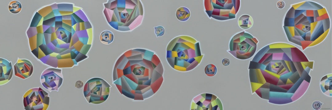 Abstract cosmic painting featuring colorful geometric spheres floating in space, resembling radiant planets made of prisms. Artwork titled Shining Planets by Andrius Miezis. Museum-quality giclée print from Giclée Makers Gallery.