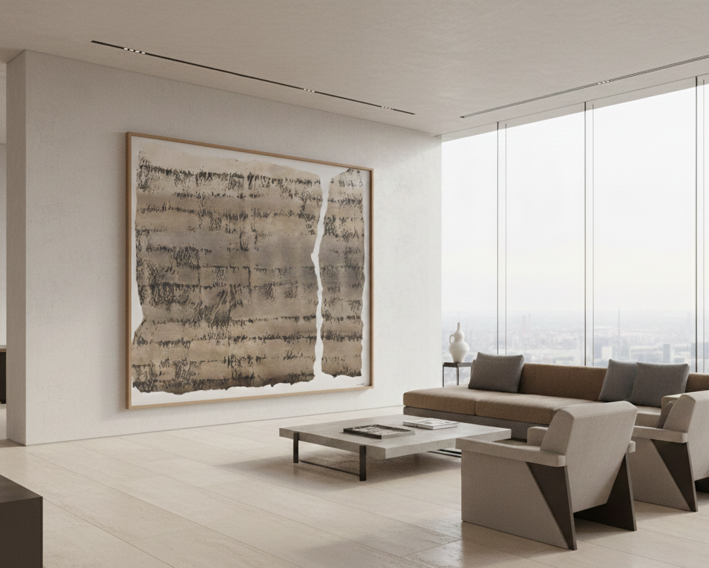 Modern living room with a large abstract painting on the wall, a sofa, and chairs.