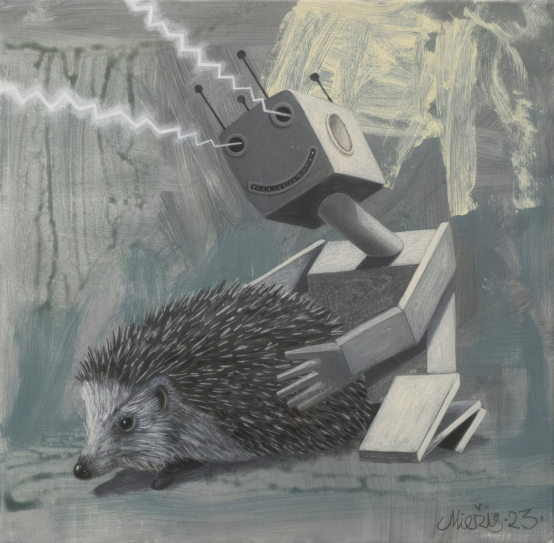 Surreal painting of a smiling robot touching a hedgehog and sparking with electricity, symbolizing connection between technology and nature. Artwork titled Short Circuit by Andrius Miezis. Museum-quality giclée print from Giclée Makers Gallery.