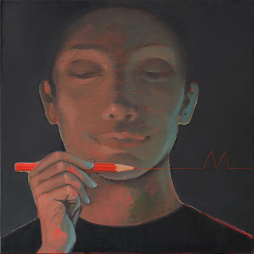 Artistic depiction of a person holding a pen with a dark background