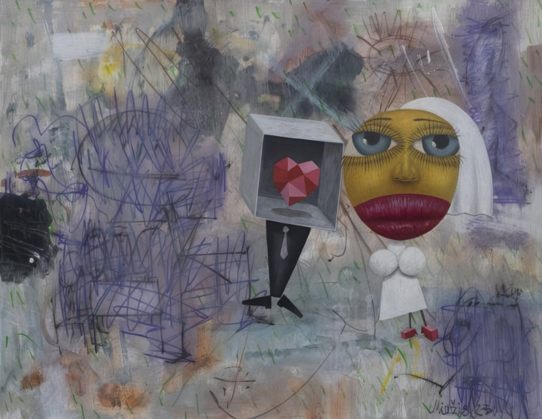 Surreal conceptual painting by Andrius Miezis titled Silicone Girl Marries A.I., depicting a humanoid bride with a mechanical partner symbolized by a computer screen with a red heart. A humorous and thought-provoking commentary on technology, love, and artificial intelligence — available as a museum-quality fine art print at Giclée Makers.