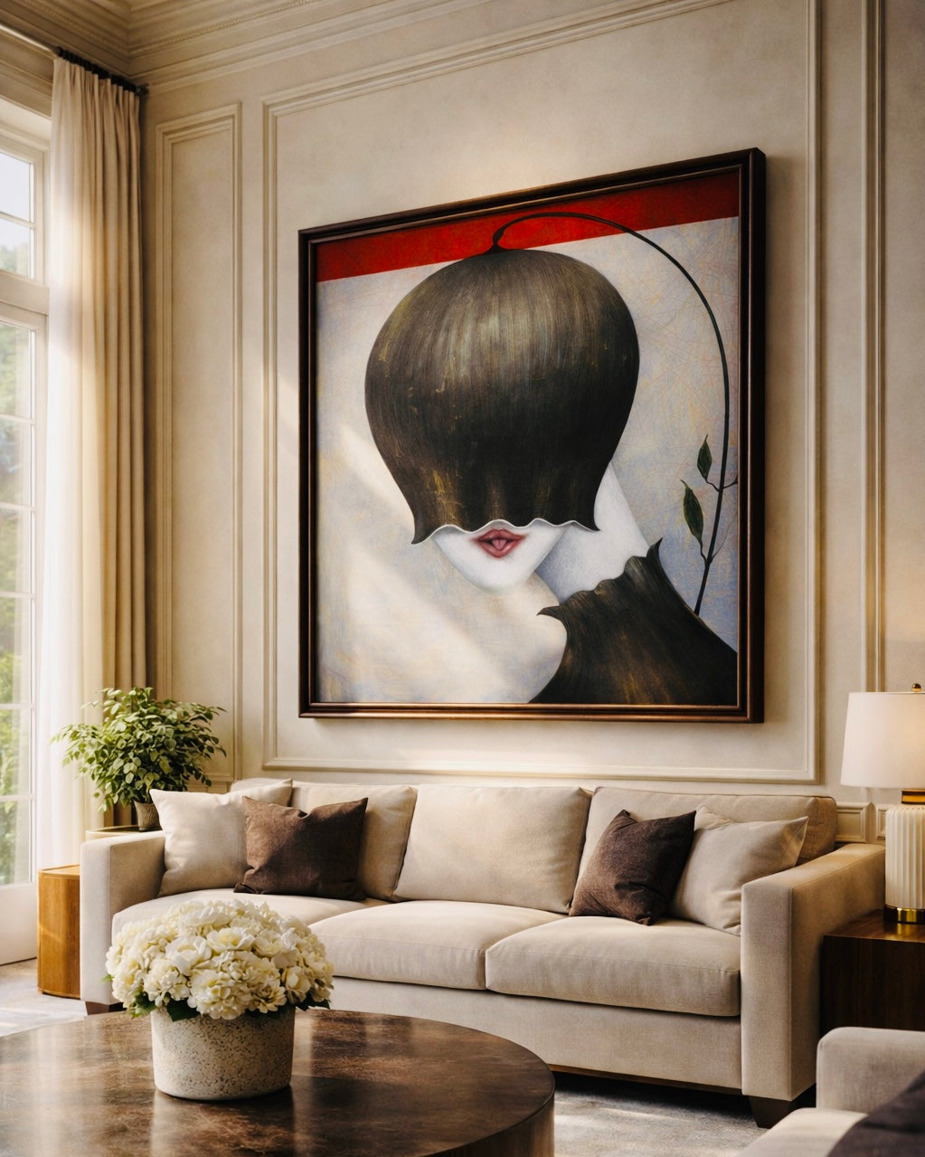 Modern living room with a large abstract painting above a beige sofa.