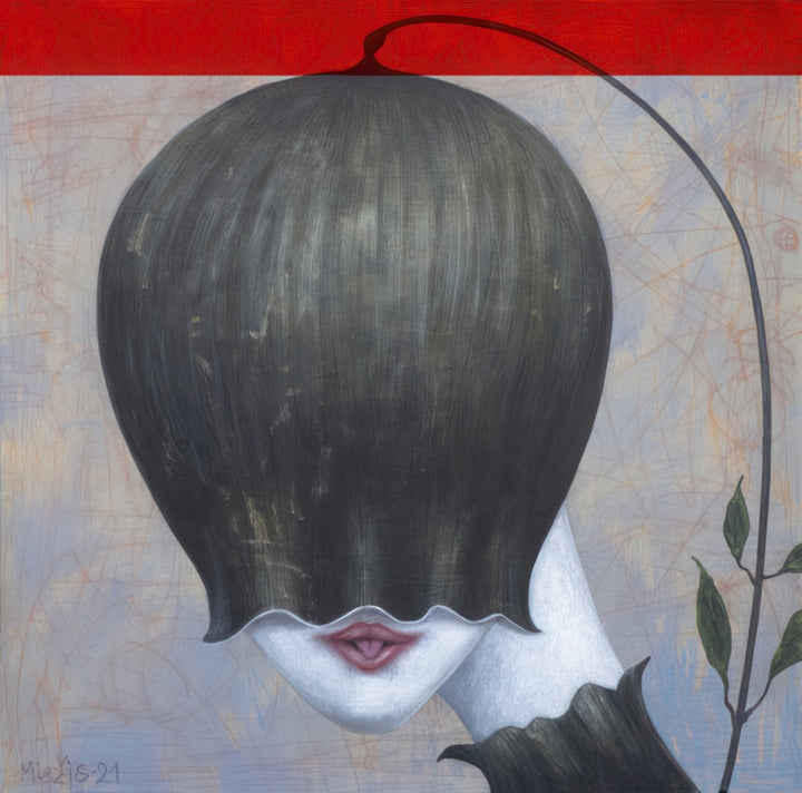 Artistic depiction of a face with a large black hairdo against a textured background