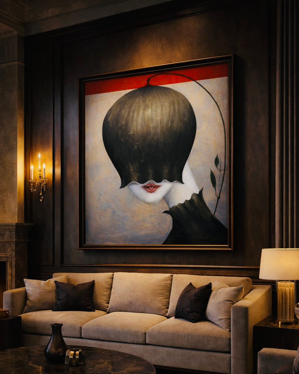 Modern living room with a large abstract painting on the wall above a beige sofa.