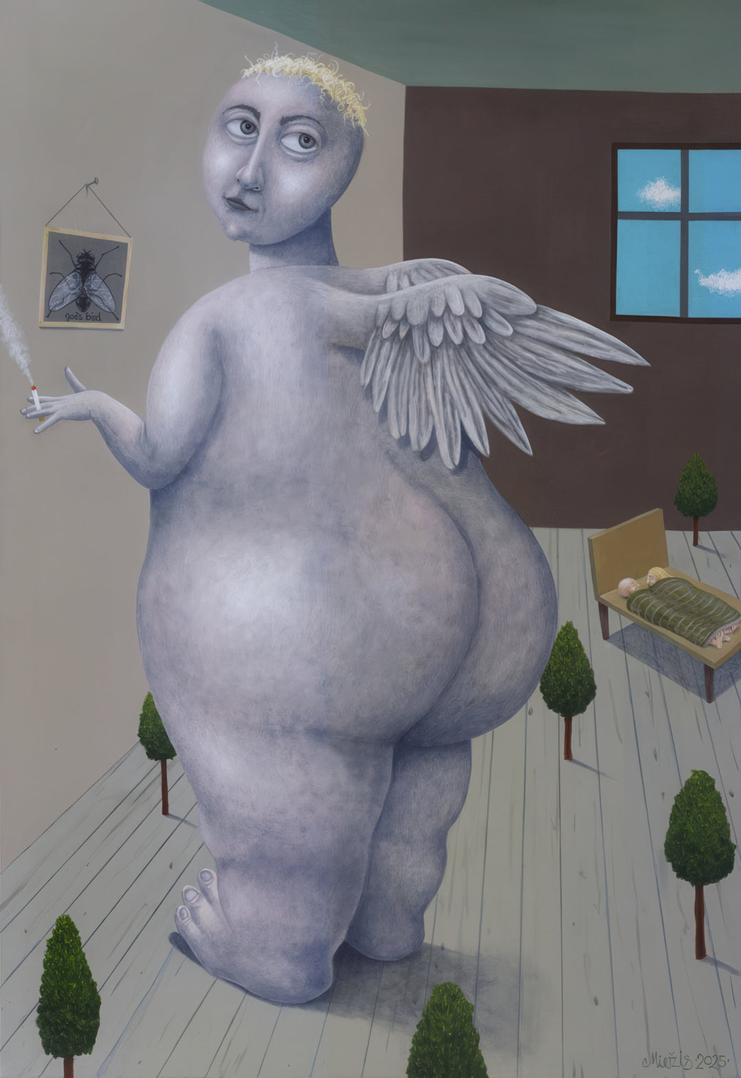 “Sleeping Between Winged and Deciduous Trees” surreal figurative painting by artist Andrius Miezis - imaginative depiction of a gentle, winged humanoid figure in a dreamlike interior setting, symbolic fine art giclée print by Giclée Makers, Scottsdale, Arizona.