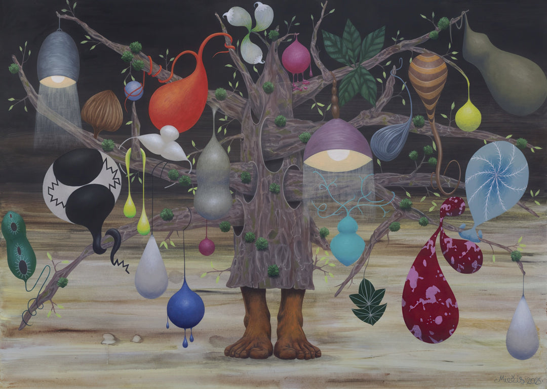 Surreal painting by Andrius Miezis titled Soul Tree I, featuring a human-like tree figure with hanging organic shapes, symbolic fruits, and glowing pods set against a dreamlike landscape. A poetic exploration of growth, spirit, and transformation — available as a museum-quality fine art print at Giclée Makers.