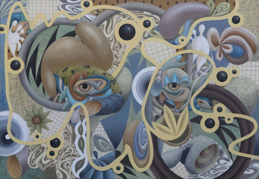 Surreal abstract painting by Andrius Miezis titled Soul Tree II, featuring intricate organic shapes, layered eyes, and golden geometric patterns that intertwine like roots and branches. A vivid symbolic exploration of human consciousness, energy, and transformation — available as a museum-quality fine art print at Giclée Makers.