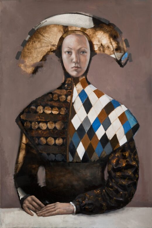 Artistic depiction of a person wearing a patterned outfit with a large hat on a plain background