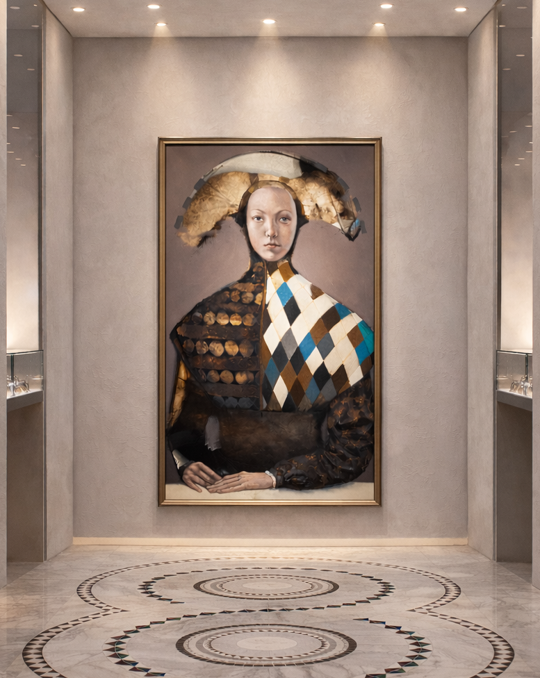 Portrait of a person with feathers in a modern hallway with decorative floor.