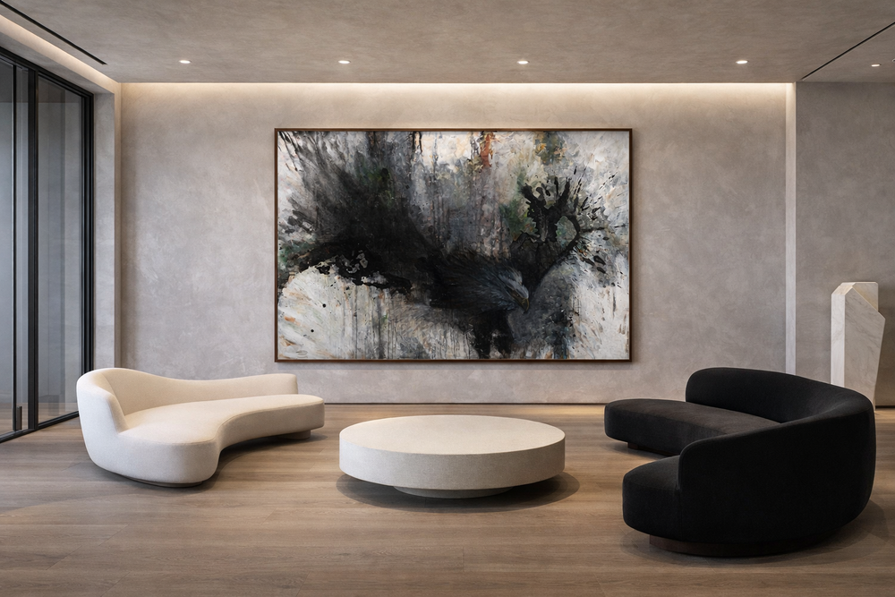 Modern living room with abstract art, white and black furniture.