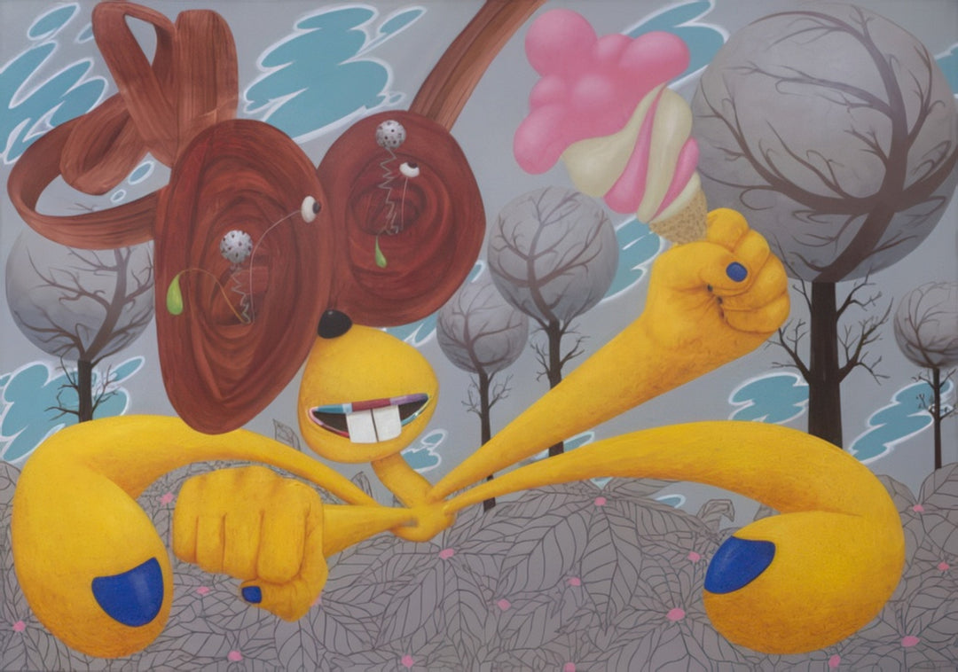 Whimsical surreal painting by Andrius Miezis titled Suddenly, a Lucky Hare Jumped Out of the Woods, showing a bright yellow anthropomorphic hare with exaggerated arms, large brown swirling ears, and a mischievous smile holding a melting ice cream cone against a dreamlike forest background. A playful and symbolic surrealist artwork available as a museum-quality fine art print at Giclée Makers.