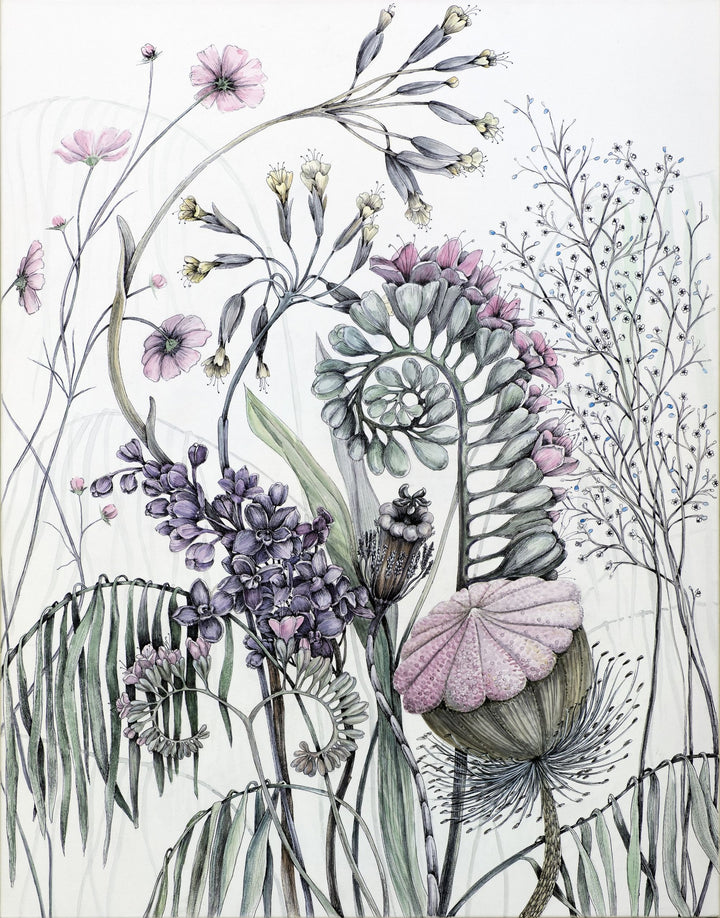 Illustration of various flowers and plants on a light background