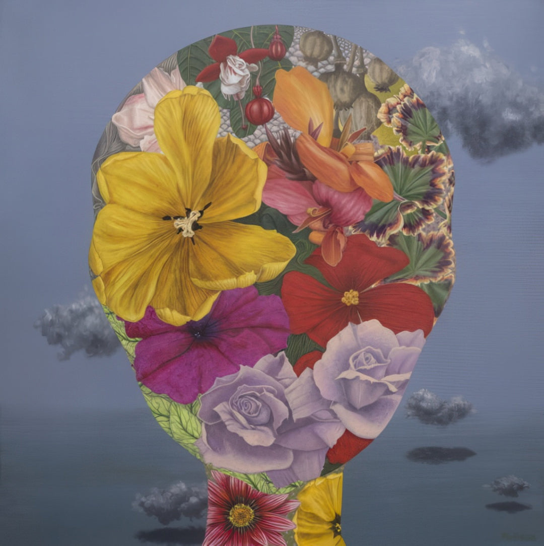 “Summer Portrait” by Andrius Miezis — a surreal contemporary artwork blending floral abundance with human form. Vibrant yellow, red, purple, and pink blossoms emerge within a silhouette against a soft sky, symbolizing vitality, renewal, and imagination. Fine-art giclée print available on archival canvas or paper, handcrafted in Scottsdale by Giclée Makers for luxury interior design projects.