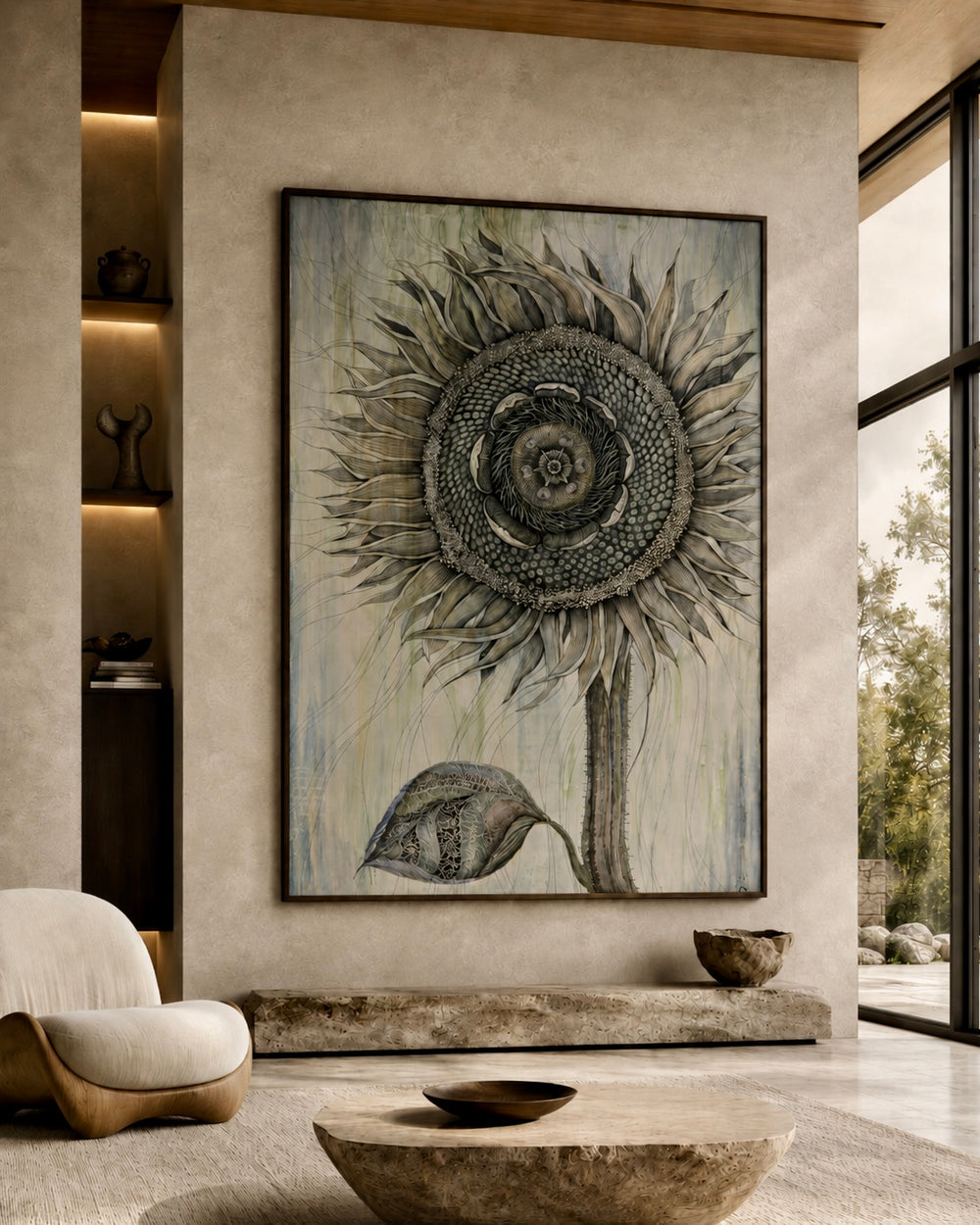 Large sunflower artwork on a wall in a modern living room.