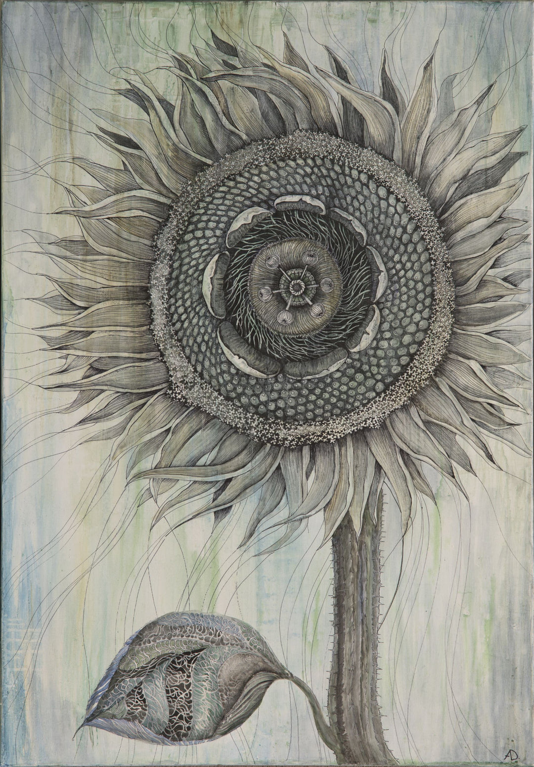 Artistic depiction of a sunflower with intricate detailing on a textured background