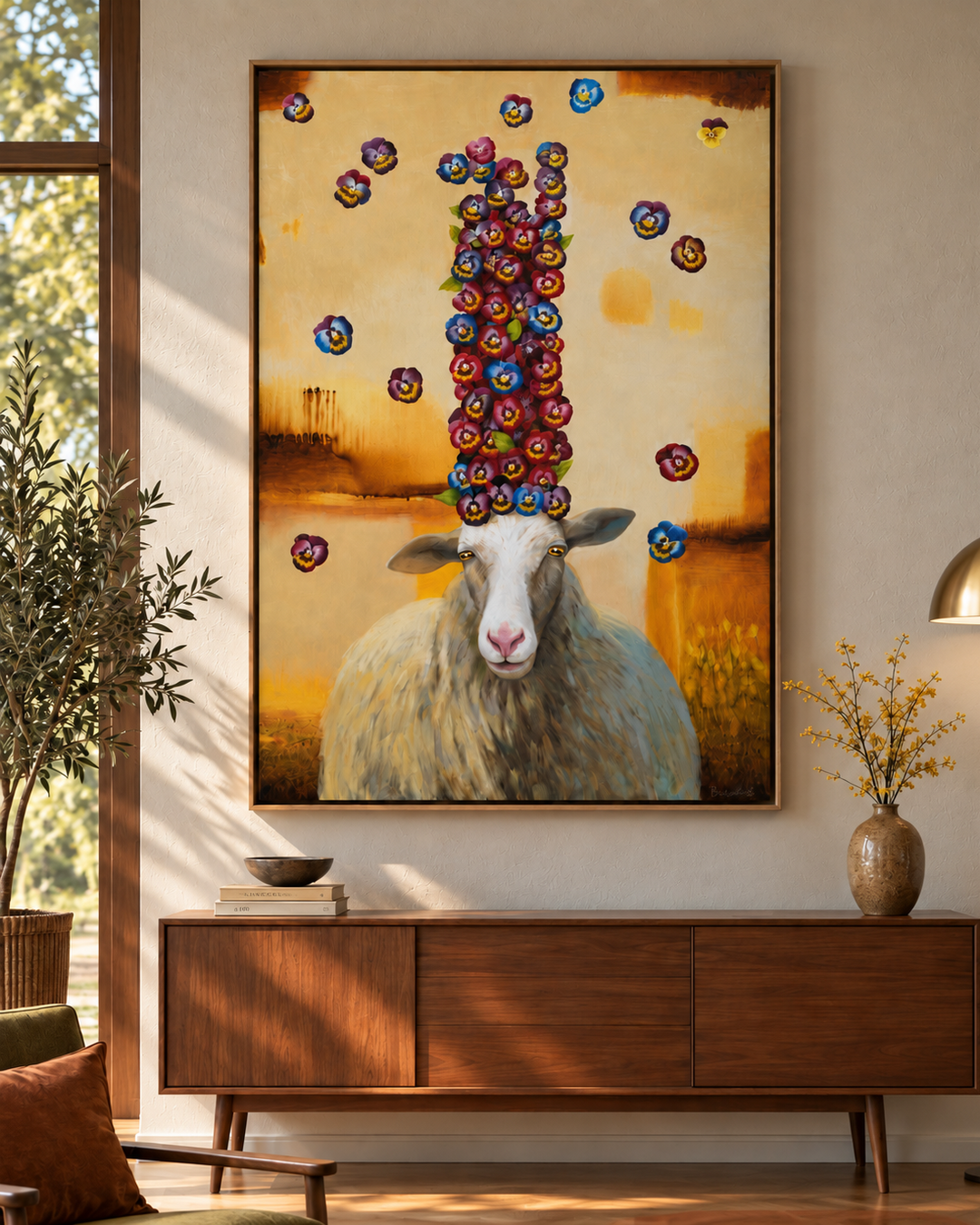 Limited edition giclée print of Viola by Arturas Braziunas - a sheep crowned with a tower of colorful pansies