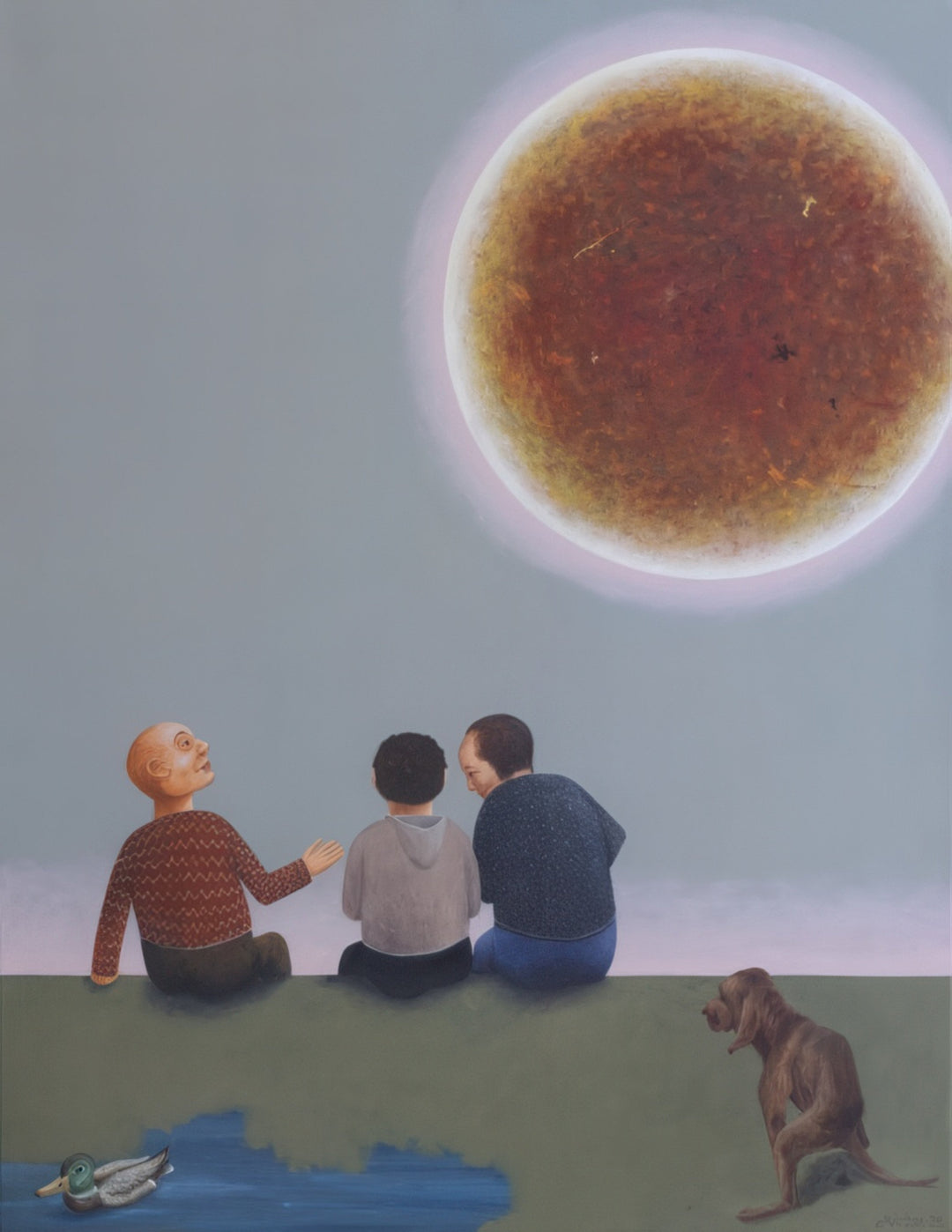 Surreal painting by Andrius Miezis titled Sunrise at the Edge of the World, depicting three seated figures and a dog gazing toward a massive glowing sun over a tranquil horizon. A poetic and contemplative surrealist artwork that explores wonder, connection, and the beauty of existence — available as a museum-quality fine art print at Giclée Makers.
