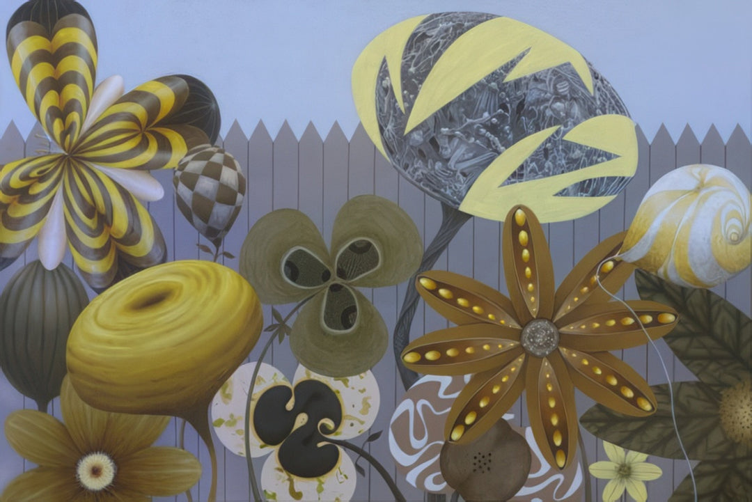Surreal floral composition with large abstract blossoms in yellow, brown, and gray tones blooming behind a wooden fence. Artwork titled Super Paradise, Where Peace Slowly Builds Behind the Fence by Andrius Miezis. Museum-quality giclée print from Giclée Makers Gallery.