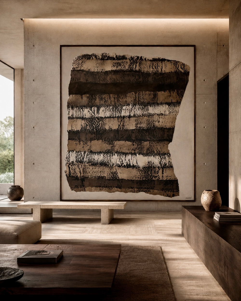 A large framed abstract wall art piece with horizontal textured brushstrokes in black, brown, beige, and white, displayed in a modern minimalist concrete living room.