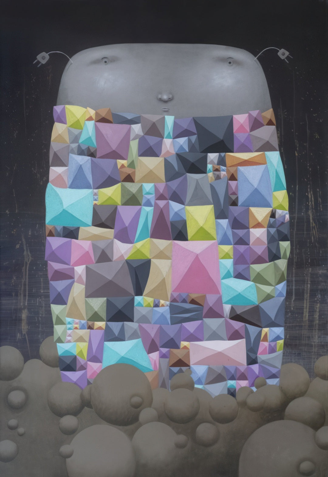 “Sweater for Astronaut” by Andrius Miezis – surreal contemporary painting depicting a soft gray figure wrapped in a colorful geometric blanket above a dreamy landscape. Symbolic art exploring comfort, isolation, and imagination – available as a museum-quality giclée print from Giclée Makers.