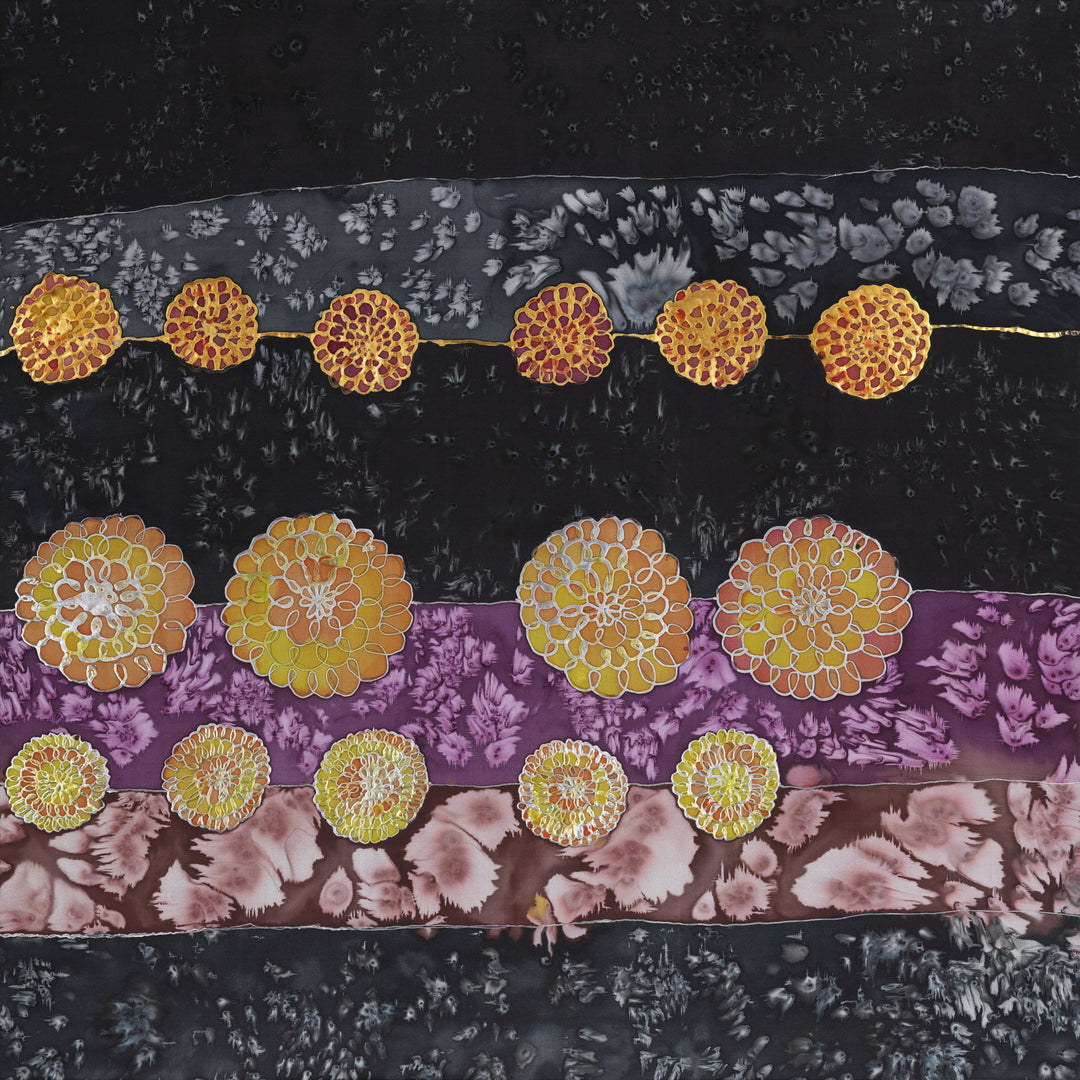 Abstract artwork “Symphony” by Nijole Stunskaite-Vilke with golden circular floral forms over black, purple, and rose textured bands, creating a rhythmic, musical visual composition.