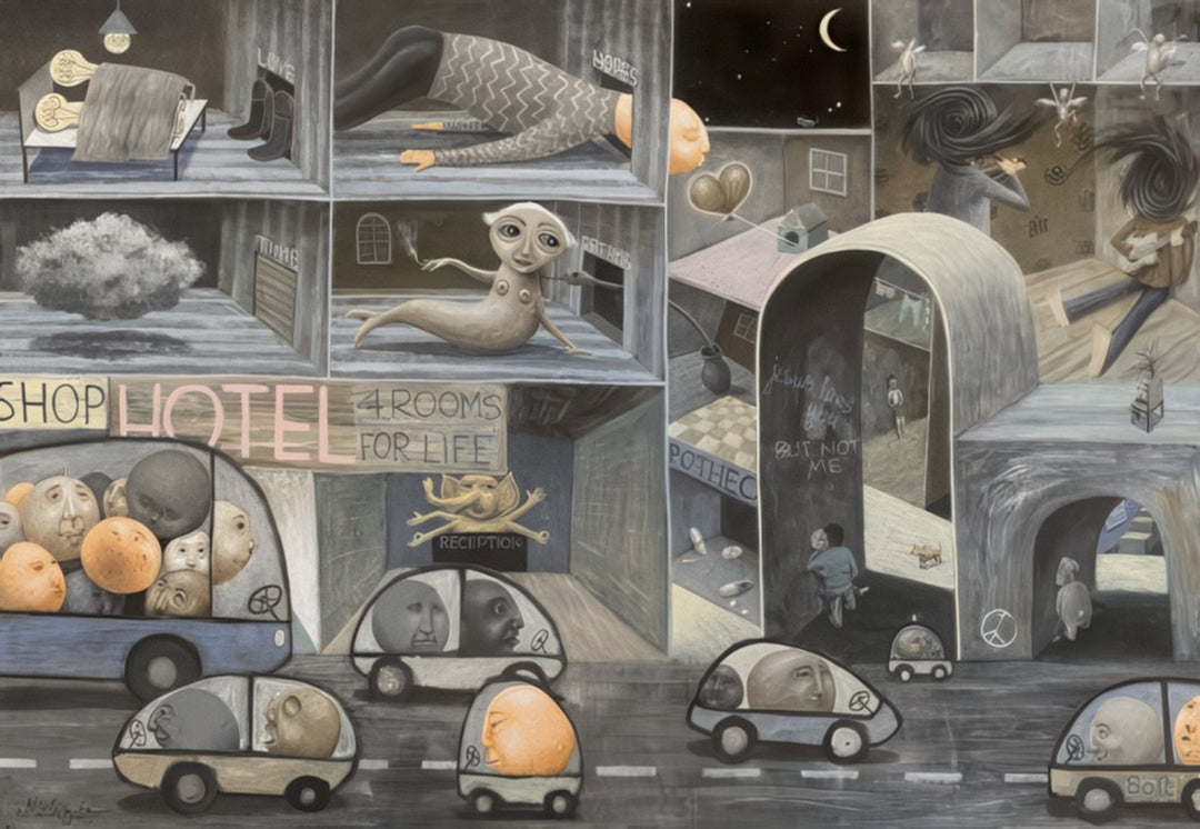 Surreal cityscape painting “Take My Soul, City Night” by Andrius Miezis, depicting dreamlike figures, poetic architecture, and whimsical cars in muted tones. Conceptual fine art giclée print exploring urban solitude and imagination. Museum-quality reproduction by Giclée Makers for luxury interiors.