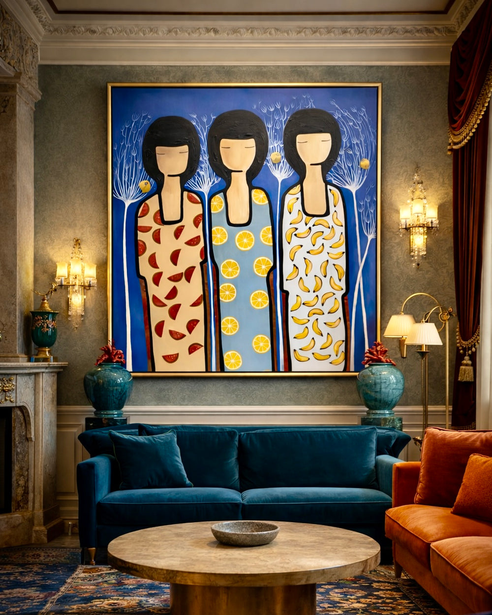 Living room with a blue sofa, orange armchair, and a colorful abstract painting on the wall.