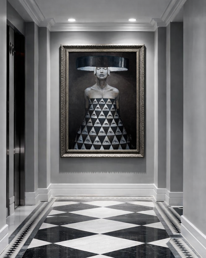 Hallway with black and white checkered floor and framed artwork on the wall.
