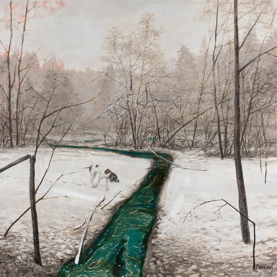 A painting depicting a winter landscape with a riverbed, trees, and a sky in the background. There are two people standing near the riverbed.