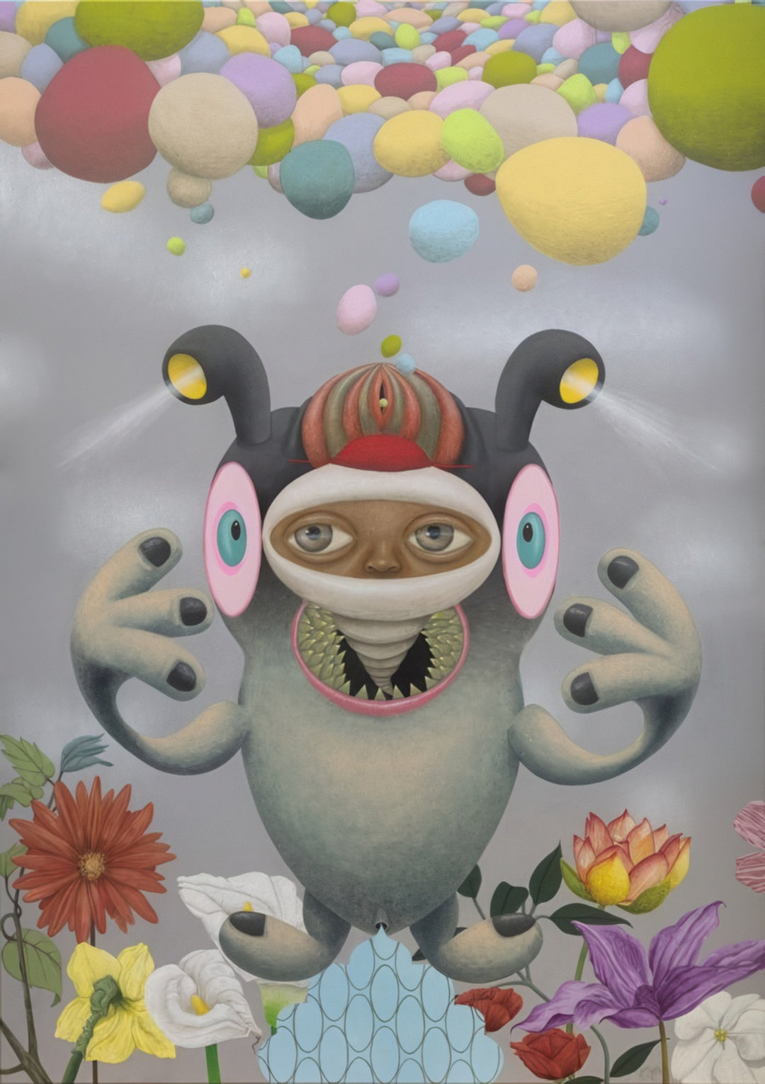 "The Expulsion from Paradise” by Andrius Miezis – surreal fantasy painting of a multi-eyed whimsical creature surrounded by colorful floating spheres and flowers. Symbolic modern art exploring innocence, transformation, and the loss of paradise – available as a luxury giclée print from Giclée Makers.
