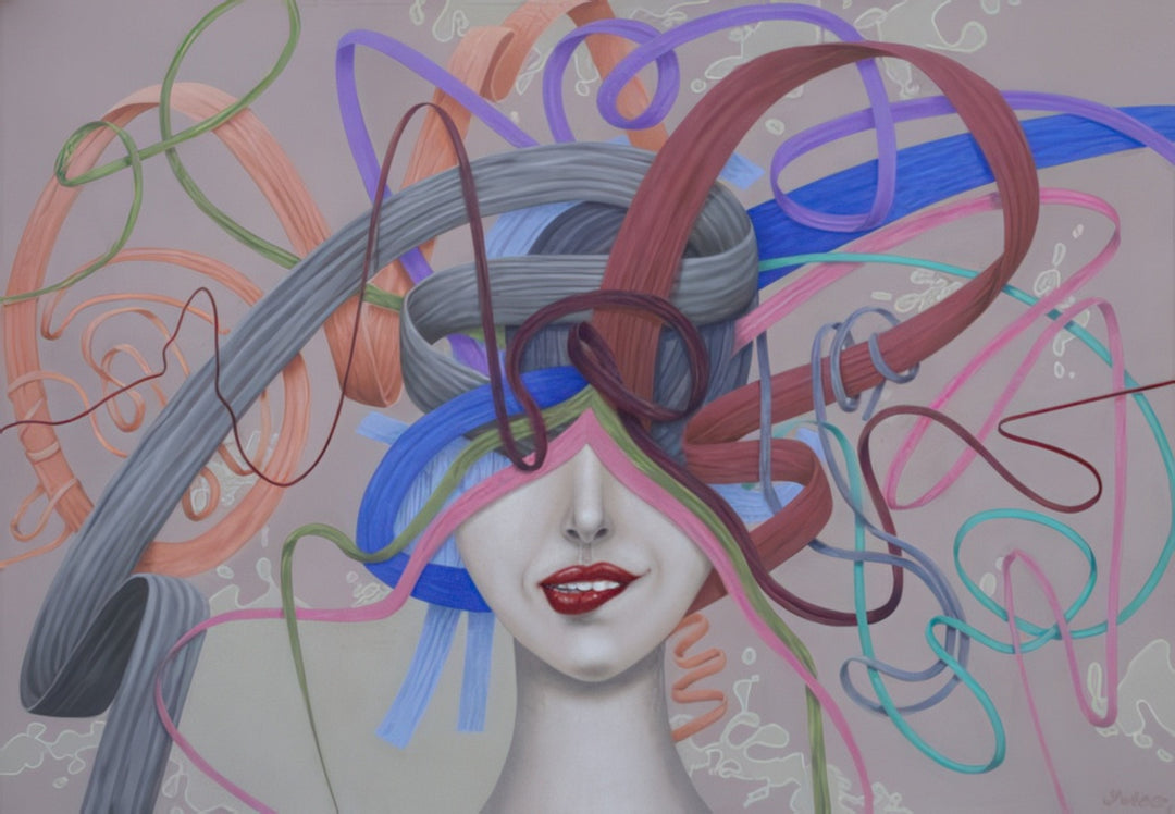 “The Hooligan” by Andrius Miezis — surreal portrait of a woman with expressive red lips and swirling colorful ribbons entangled around her head, symbolizing chaos, confidence, and creativity. A playful yet sophisticated contemporary artwork blending surrealism and modern emotion. Fine-art giclée print on archival canvas or paper by Giclée Makers Scottsdale, crafted for luxury interiors.