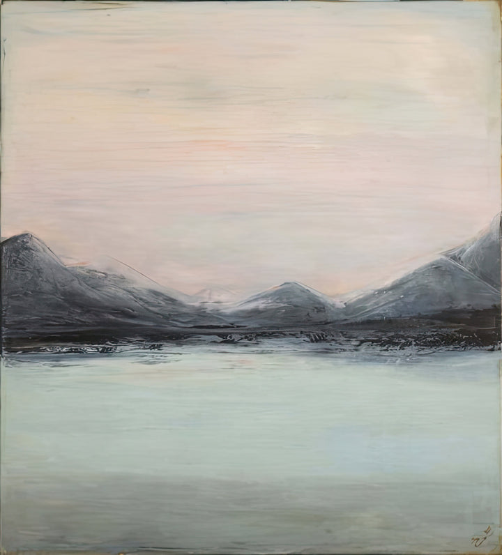Painting of a landscape with mountains and a lake under a pink sky.