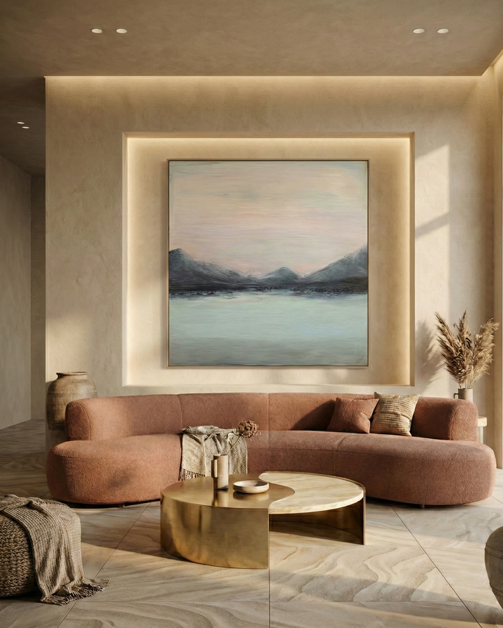 Modern living room with a pink sofa, gold coffee table, and a large wall art piece.
