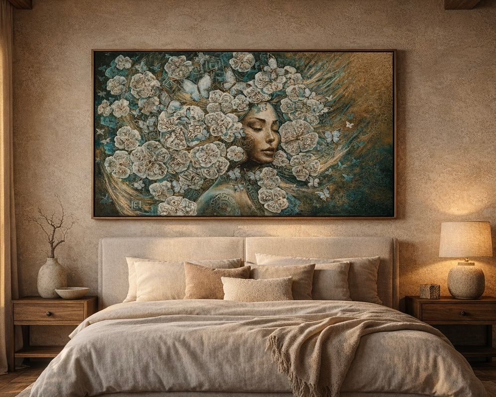 Decorative painting of a woman with flowers above a bed in a bedroom.