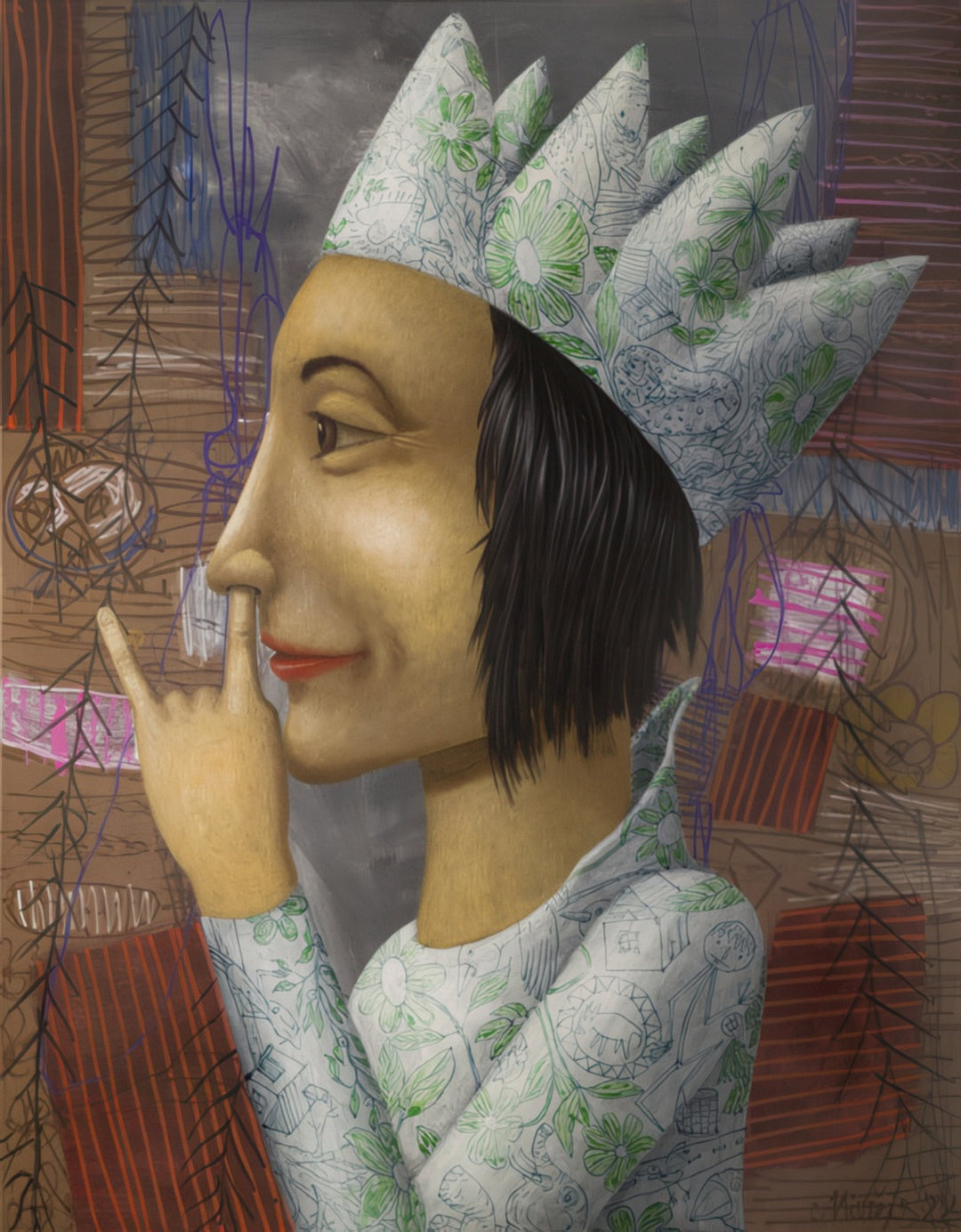 “The Parish Queen Swears Never to Grow Up” surreal figurative painting by artist Andrius Miezis - whimsical portrait of a woman wearing a paper crown with green floral details, rendered in earthy tones, contemporary European fine art print available from Giclée Makers in Scottsdale, Arizona.