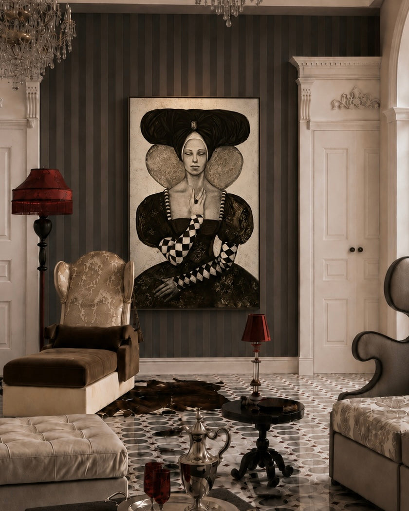 Elegant living room with a large portrait of a woman on the wall, ornate furniture, and decorative elements.