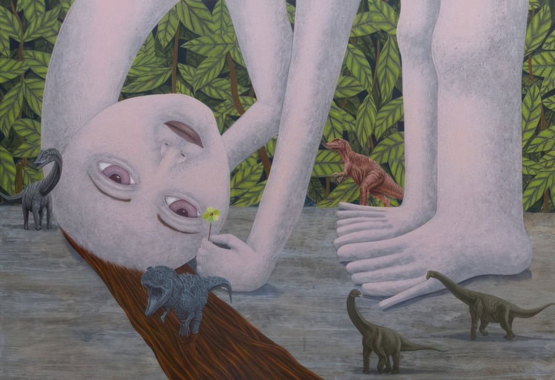 Surreal painting of a contemplative figure kneeling beside a reflective surface, gazing into its own mirrored face in a dreamlike landscape. Artwork titled Those Times When You Didn’t Know How Things Should Be by Andrius Miezis. Museum-quality giclée print from Giclée Makers Gallery.