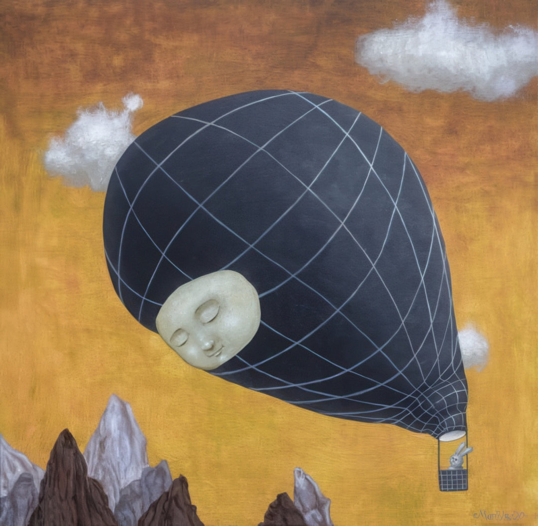 “Thought” by Andrius Miezis – surreal painting featuring a serene face enclosed in a balloon-like form floating above jagged mountains and a glowing orange sky. Dreamlike symbolic art exploring imagination, solitude, and reflection – available as a fine-art giclée print from Giclée Makers.