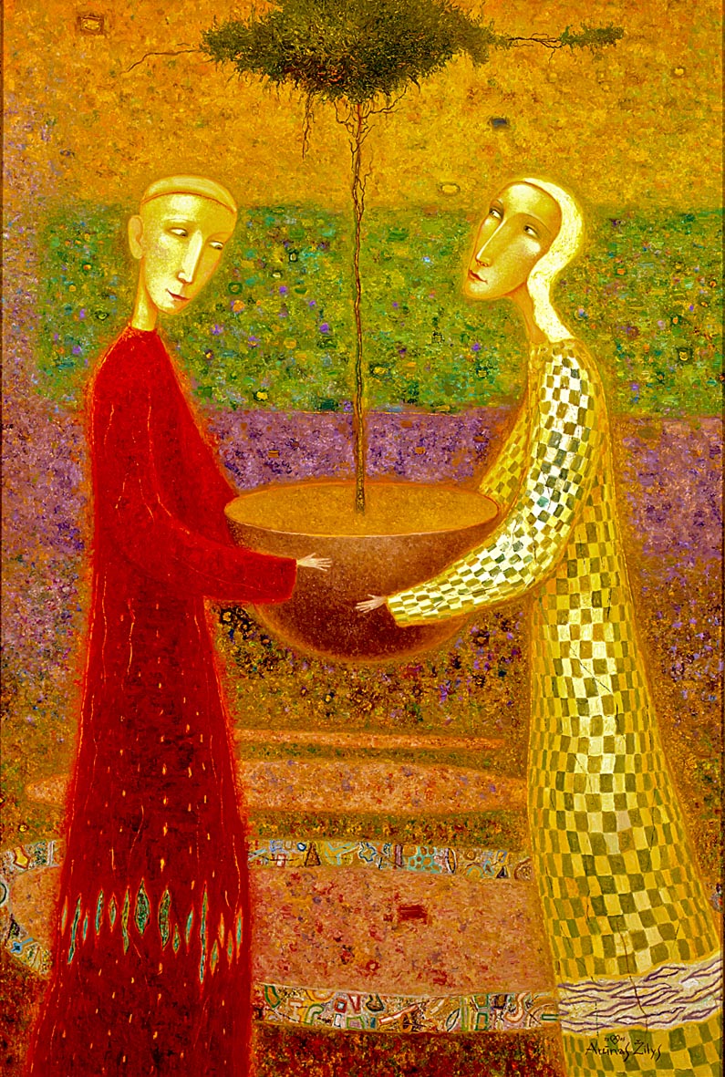 A painting featuring two stylized figures, one in red and one in yellow, interacting with a tree in a field with a colorful, abstract background.