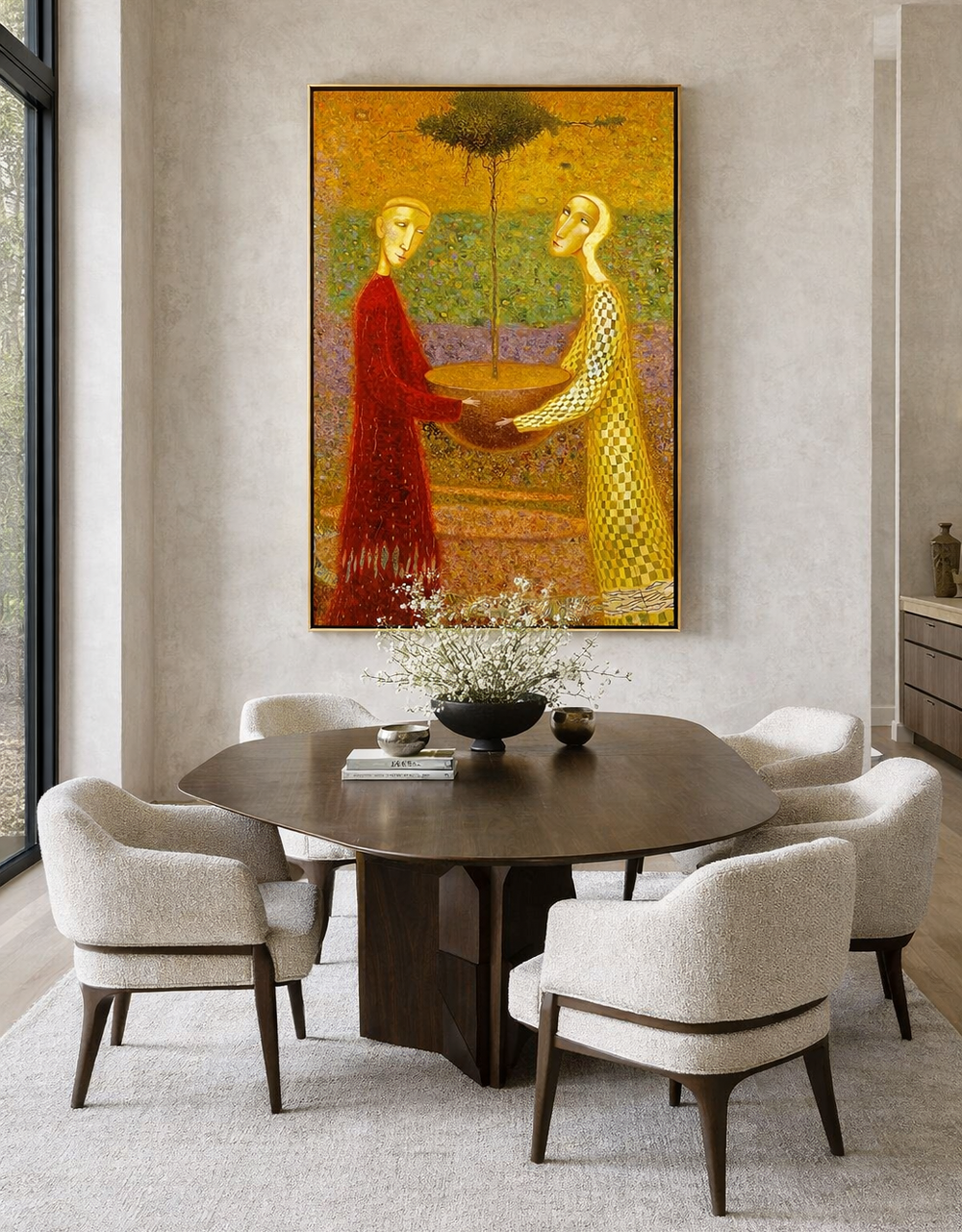 Dining room with round table and chairs, featuring a large abstract painting on the wall.