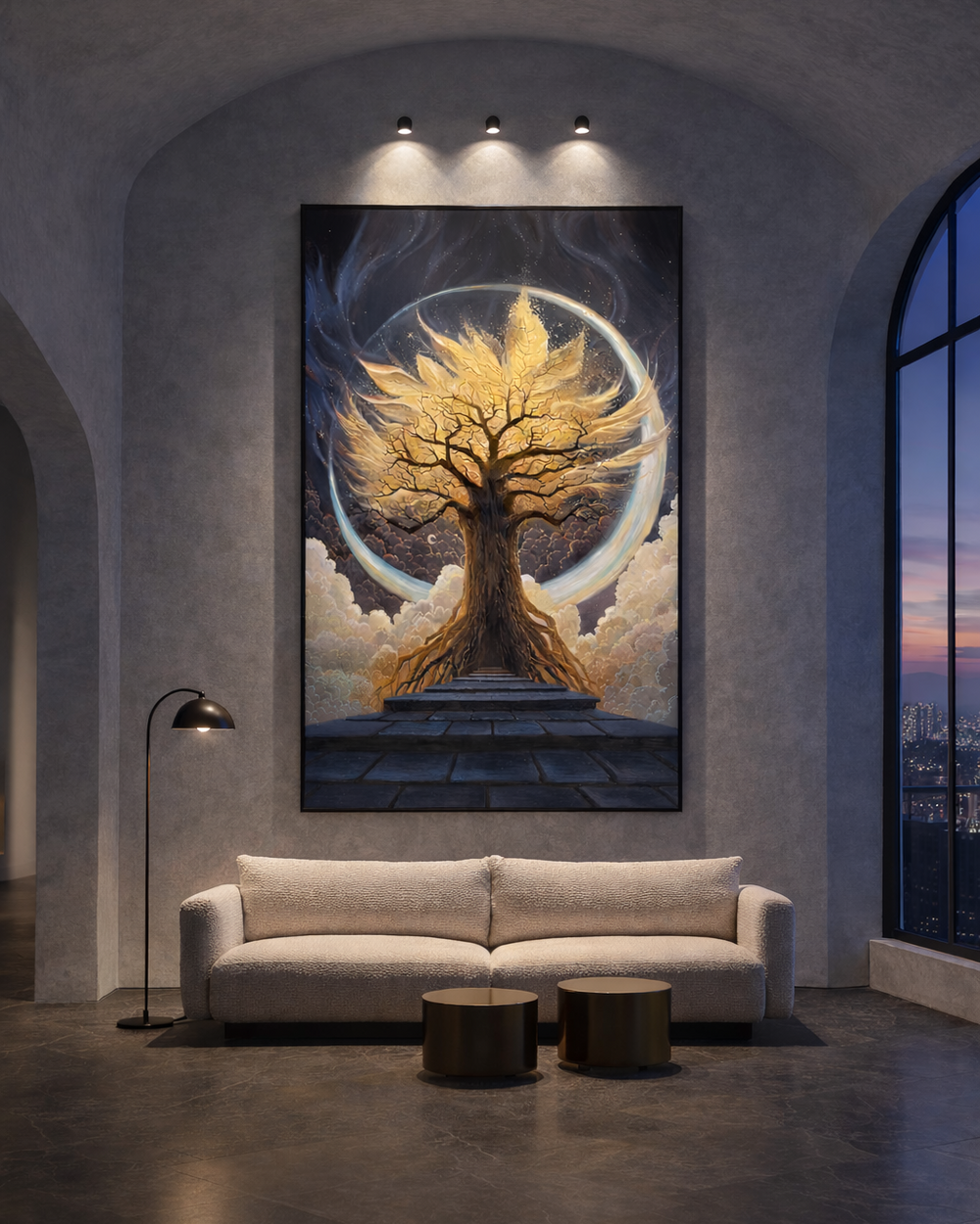 Modern interior with a large abstract painting of a tree on a wall above a sofa.
