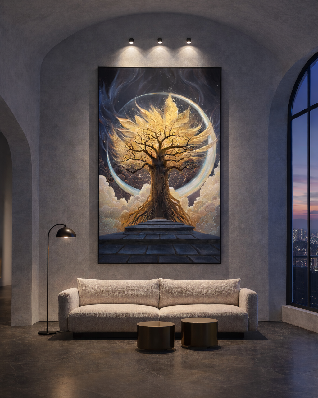 Modern interior with a large abstract painting of a tree on a wall above a sofa.