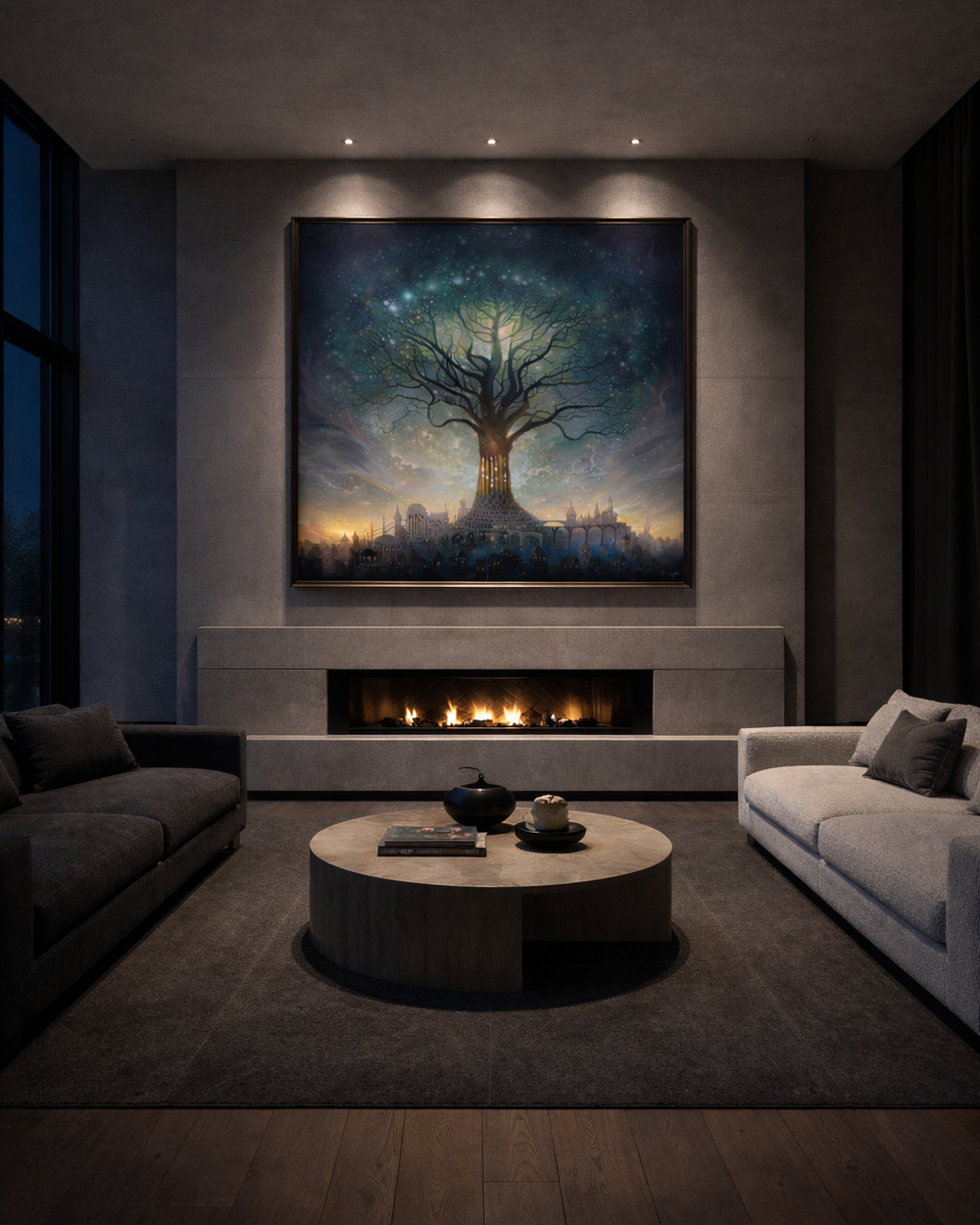 Modern living room with a large painting of a tree above a fireplace.