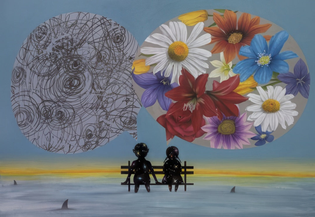 Surreal romantic painting of two abstract figures sitting on a bench at sunset, surrounded by symbolic circles—one filled with chaotic black scribbles and the other with vibrant blooming flowers. Conceptual fine art exploring emotion, connection, and transformation. Giclée print by Giclée Makers, museum-quality reproduction for luxury interiors.