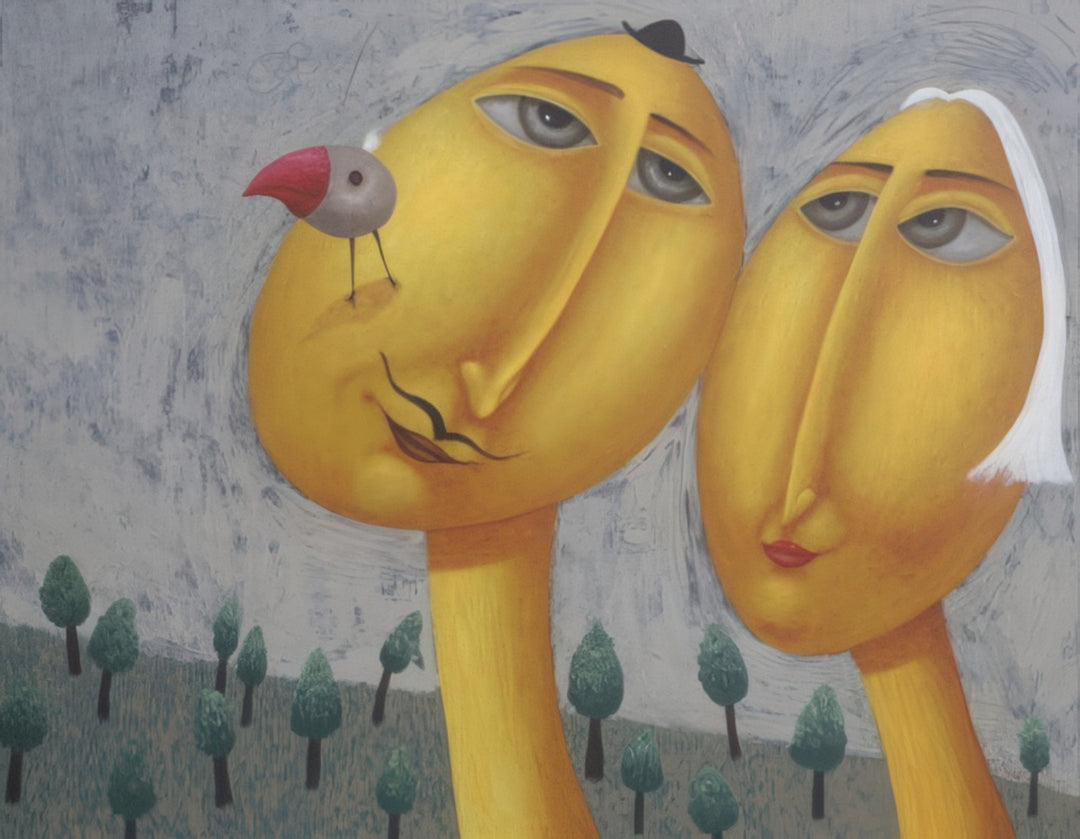 “Two Golds and a Birdie” by Andrius Miezis — surreal painting of two elongated golden figures sharing a quiet moment, with a whimsical bird perched on one face. Set against a textured backdrop of stylized trees, this poetic composition blends humor, warmth, and tenderness. Fine-art giclée print on archival canvas or paper by Giclée Makers Scottsdale, ideal for modern interiors.