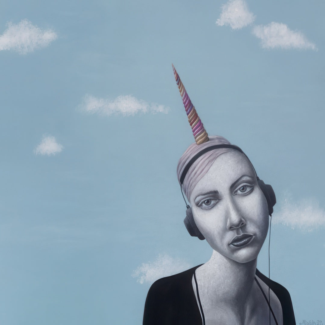 “Unicorn Listening to Radiohead” by Lithuanian surrealist Andrius Miezis blends fantasy and modern culture with a touch of irony. A calm-faced woman with a unicorn horn listens to music, suspended in a dreamy sky. This surreal, witty artwork captures the quiet absurdity of modern life. Available exclusively from Giclée Makers as a museum-quality giclée print on archival canvas or fine art paper.