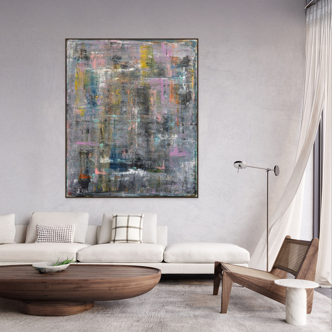 Abstract framed canvas wall art with multicolor textured square composition