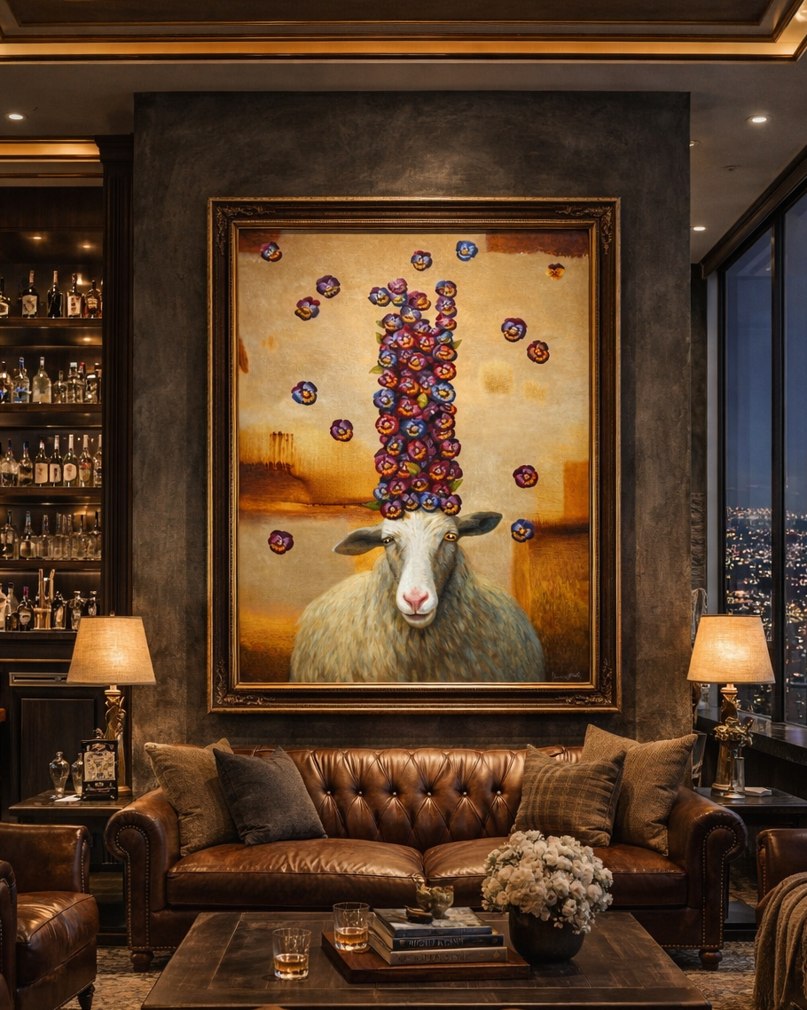 Luxurious living room with a large painting of a sheep with fruit on its head, leather furniture, and cityscape view.