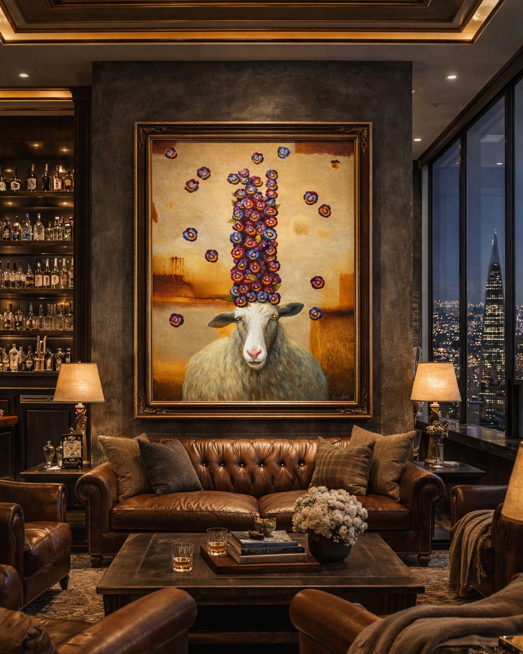 Luxurious living room with a large painting of a sheep with fruit on its head, leather furniture, and cityscape view.